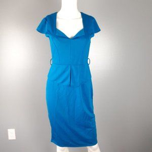 WIIPU Peplum Sheath Dress Women's Size L Blue V-Neck Cap Sleeve Back Zip NWT